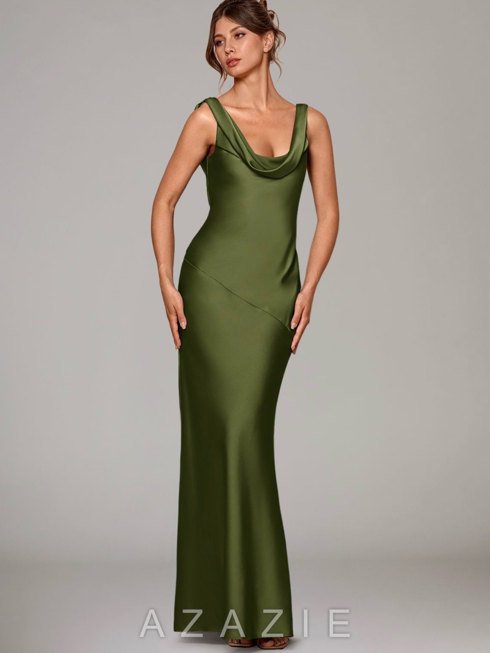 Azazie Rylina Olive Stretch Satin Cowl Neck Evening Dress Size A8 NEVER WORN